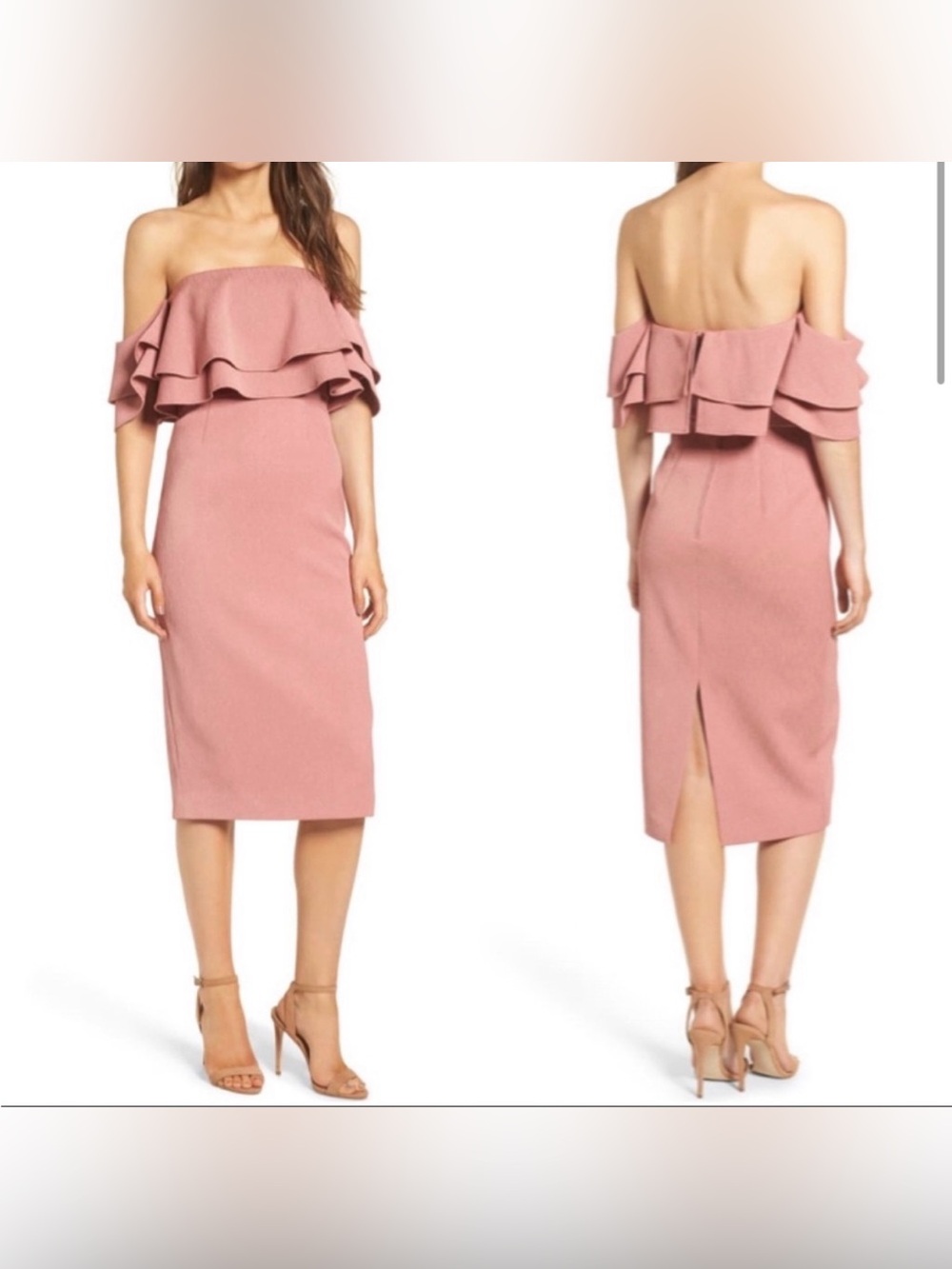 Keepsake Off-Shoulder Ruffle Midi Dress in Dusty Rose